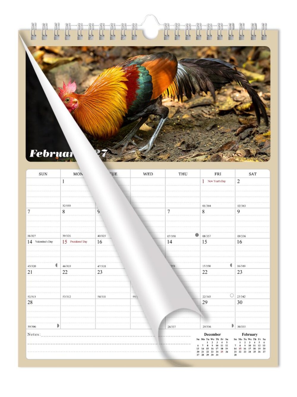 2027 Wall Calendar Spiral-bound Twin - 12 Months Planner 8.5" x 11 (Roosters)